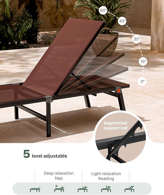 Aluminum Patio Chaise Lounge Chair Set of 2 with Side Table,5-Position Adjustable Backrest,Foldable Lounge Chair Outdoor,Pool Lounge Chairs for Poolside,Lawn,Deck,Beach (Brown, 2 Pack+Table)