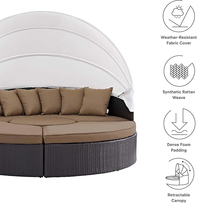 Modway Convene Wicker Rattan Outdoor Patio Retractable Canopy Round Poolside Sectional Sofa Daybed with Cushions in Espresso Mocha