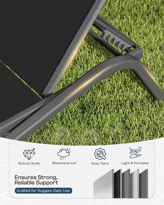 Lounge Chair Set of 2, Aluminum Chaise Lounge Outdoor, Lightweight Lounge Chairs for Outside with 5 Adjustable Backrest, Pool Lounger for Poolside, Beach, Balcony, Deck (Black)