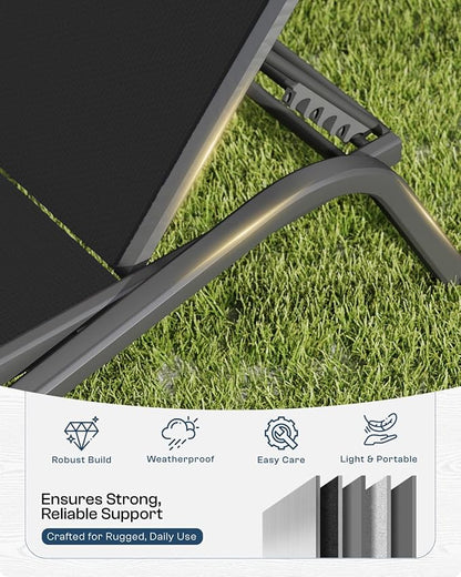 Lounge Chair Set of 2, Aluminum Chaise Lounge Outdoor with Side Table, Lightweight Lounge Chairs for Outside with 5 Adjustable Backrest, Pool Lounger for Poolside, Beach, Balcony(Black)