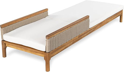 Christopher Knight Home Kanmy 76.8'' Acacia Wood Chaise Lounge Outdoor with Cushion, Patio Recliner Chair with 4-Position Adjustable Backrest, Sun Lounger with Wicker Accent, Beige+Light Grey+Natural