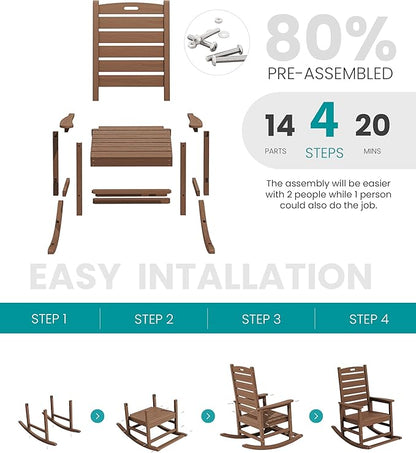 SERWALL Outdoor Rocking Chair, Oversized Rocking Chair with Footrest for Adults, HDPE All Weather Resistant Rocking Chairs for Patio, 350lbs Weight Capacity, Brown