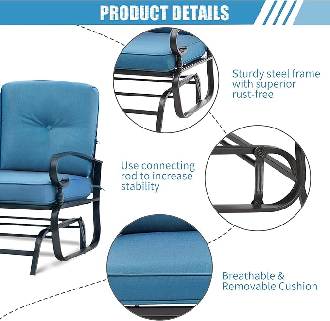 Patio Bench, Porch Glider Outdoor Swing Glider Rocking Loveseat, Steel Frame Chair with Thick Cushion (Peacock Blue) - Photo 2