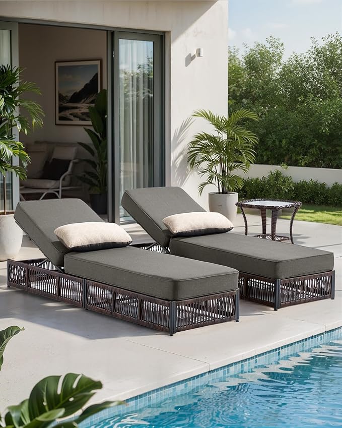 Luxury Outdoor Chaise Lounges with 5 Inch Thickened Cushions - Set of 2 High Back Brown Wicker Patio Recliners Rattan - Photo 6