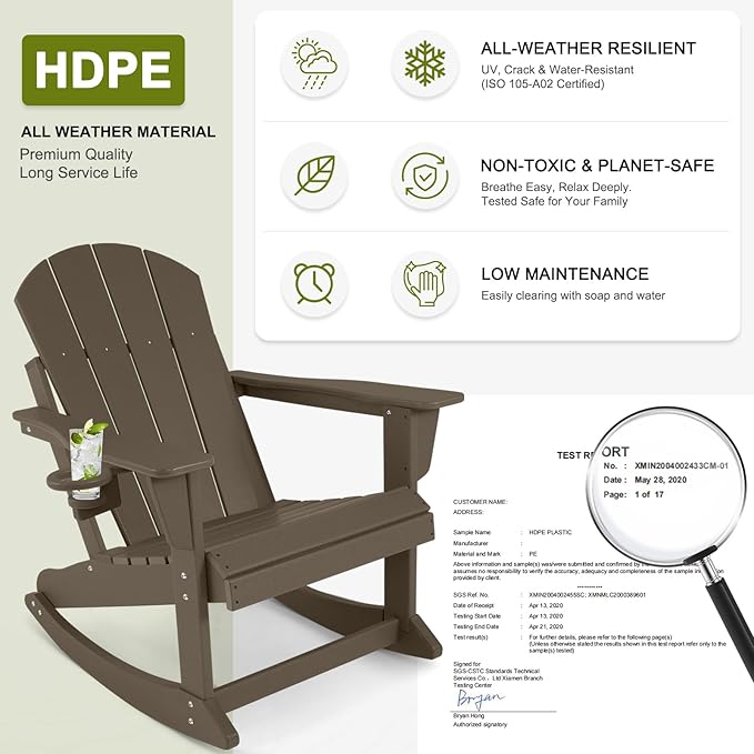 Outdoor Rocking Chair, HDPE Poly All-Weather Patio Rocking Chairs with Cup Holder for Adults, Porch Rocker for Deck Patio Balcony, 440lbs, Dark Brown