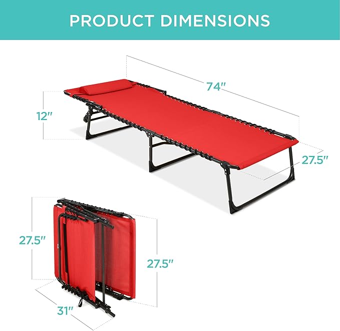 Best Choice Products Patio Chaise Lounge Chair, Portable Outdoor Folding Recliner for Lawn, w/ 8 Positions, Handles, 300lb Capacity - Red
