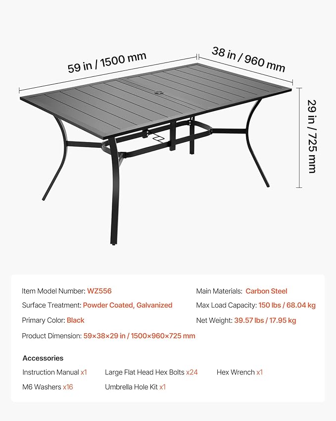 VEVOR Outdoor Patio Dining Table, 59 inch Long Rectangular Metal Steel Slat Backyard Bistro Tables for 4-6 - Photo 3