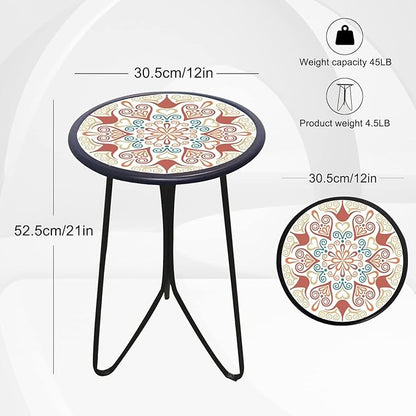 LIFFY Outdoor Metal Side Table,12" Small Outdoor Accent Table with Glass Top,Indoor Round Home Decorative End Table,Weather Resistant Patio Plant Stands Outside for Garden Bedroom Kitchen Balcony