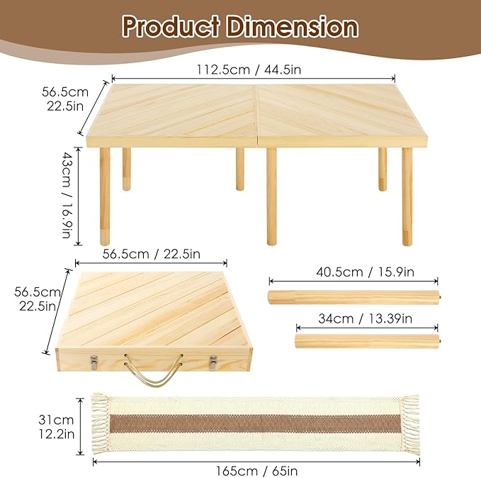 Folding Picnic Table with Table Runner, Portable Boho Low Picnic Table for Indoor Outdoor - Photo 3