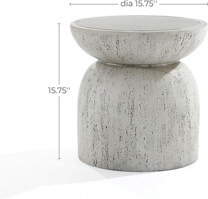 LuxenHome Rustic Outdoor Side Table, 16'' Concrete Small End Tables, Off White and Gray Weathered Accent Table for Patio, Indoor, Poolside, Backyard, Outside, Decorative Garden Stool, Plant Stand