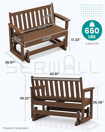 SERWALL 2 Person Patio Glider Rocking Chair, HDPE Material Weather-Resistant Swinging Bench for Outdoor Porch Garden, Brown