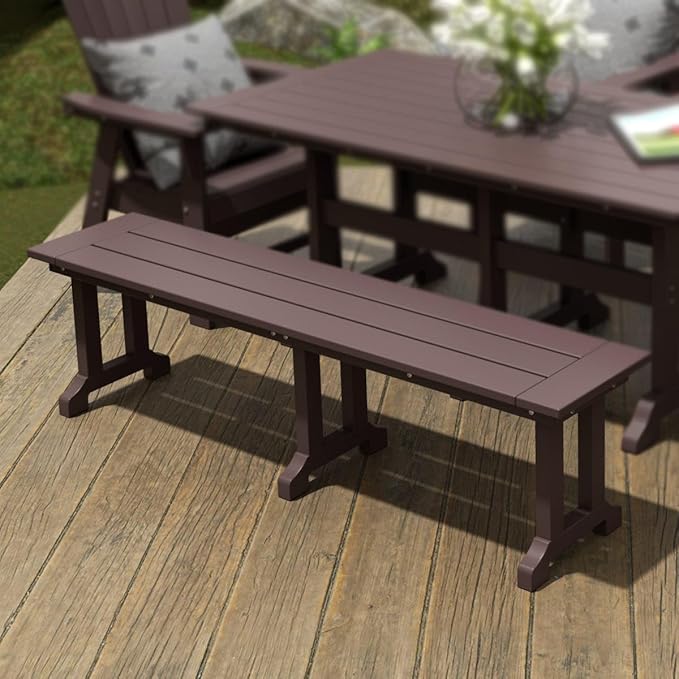 WestinTrends Malibu 65" Outdoor Dining Bench, All Weather Resistant Poly Lumber Patio Garden Bench Trestle Long Bench for Both Outdoor and Indoor, Dark Brown