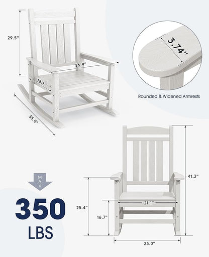 KINGYES Oversized Patio Rocking Chair Set of 2, HDPE Outdoor Rocking Chairs with 330lbs Support for Adults, White