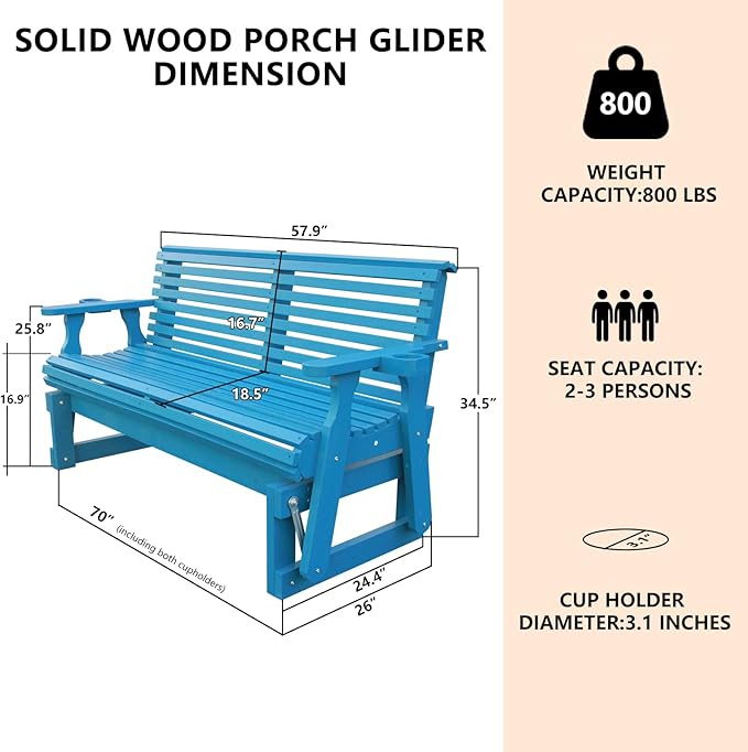 3-Seater Outdoor Glider Chair, 5FT Wood Porch Glider with High Roll Back, Cupholders and Deep Contoured for Porch - Photo 2