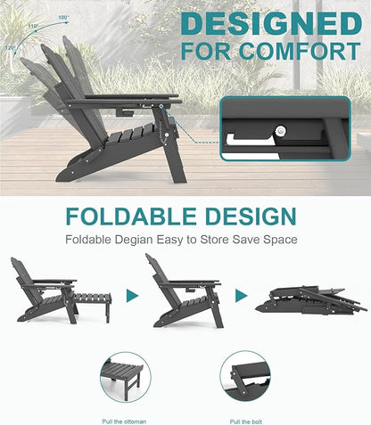 FOOWIN Adjustable Adirondack Chair with Retractable Ottoman Set of 4, Folding Adirondack Chair with Cup Holder, HDPE All-Weather Fire Pit Chair for Patio, Yard, Poolside, Grey