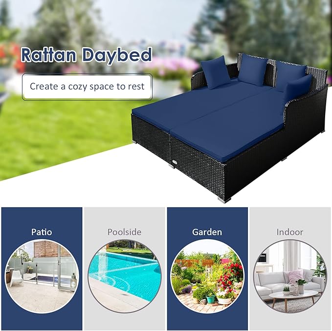 Tangkula Outdoor Rattan Daybed, Sunbed Wicker Furniture w/Spacious Seat, Upholstered Cushion & High-Resilience Sponge - Photo 8