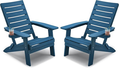 YEFU Adirondack Chair, Folding Adirondack Chairs Set of 2 with Arc Back & Cup Holder, Weather Resistant Plastic Oversized Chair for Outdoor Patio Lawn Garden Backyard Deck Fire Pit, Navy