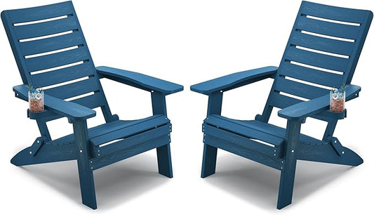 YEFU Adirondack Chair, Folding Adirondack Chairs Set of 2 with Arc Back & Cup Holder, Weather Resistant Plastic Oversized Chair for Outdoor Patio Lawn Garden Backyard Deck Fire Pit, Navy
