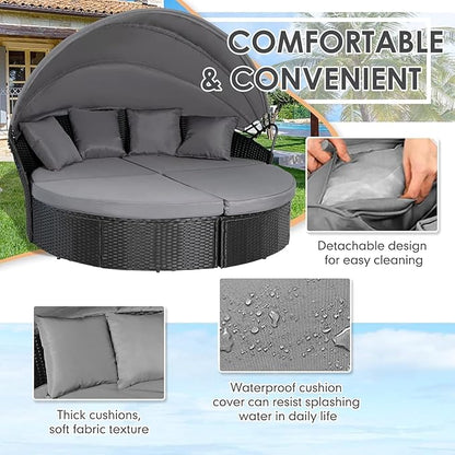 SUNCROWN Outdoor Patio Round Daybed with Retractable Canopy, Black Wicker Furniture Sectional Couch with Washable Cushions, Backyard, Porch