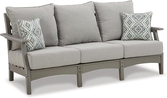 Signature Design by Ashley Visola Outdoor Patio Sofa with All-Weather Cushion and 2 Throw Pillows, Cleanable Performance Fabric, 19.88" Seat Height, Gray