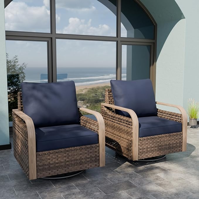 Modern Wicker Outdoor Swivel Rocking Chairs, Rattan Glider Rocker Chairs Patio Armchairs for Backyard, Deck, Porch, Garden, 2 Pieces, Brown/Blue