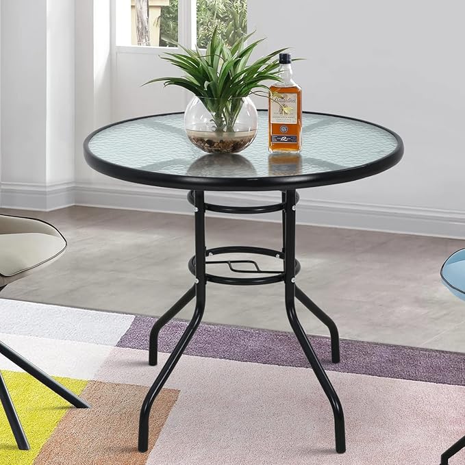 Outdoor Table Patio Table Dining Table with Tempered Glass Umbrella Hole for Lawn Balcony, Yard (Round) - Photo 7