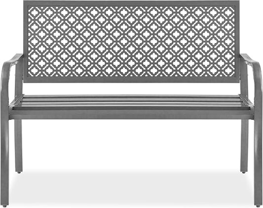 Best Choice Products Outdoor Bench 2-Person Metal Steel Benches Furniture for Garden, Patio, Porch, Entryway w/Geometric Backrest, 790lb Capacity – Gray