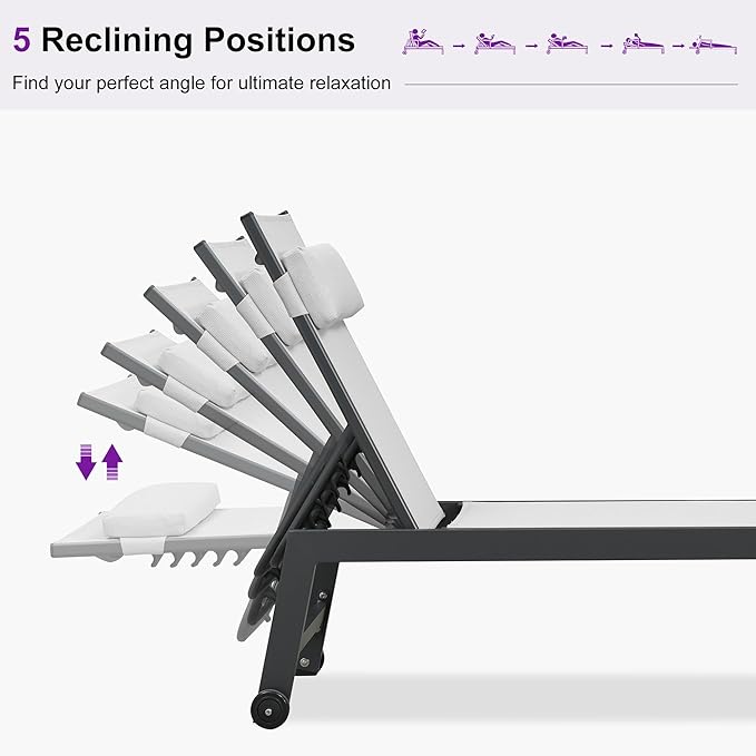PURPLE LEAF Outdoor Oversized Lounge Chair Set Patio Chaise Pool Lounger Aluminum Frame with 2 Side Table and Wheels for Outside Sunbathing Tanning Recliner Including Pillows White