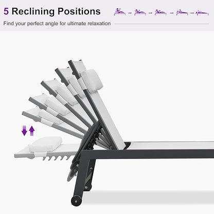 PURPLE LEAF Outdoor Oversized Lounge Chair Set Patio Chaise Pool Lounger Aluminum Frame with 2 Side Table and Wheels for Outside Sunbathing Tanning Recliner Including Pillows White