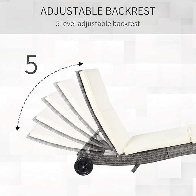 Outsunny Wicker Chaise Lounge Chair Outdoor PE Rattan Cushioned Patio Sun Lounger with 5-Level Adjustable Backrest & Wheels for Easy Movement, Cream White