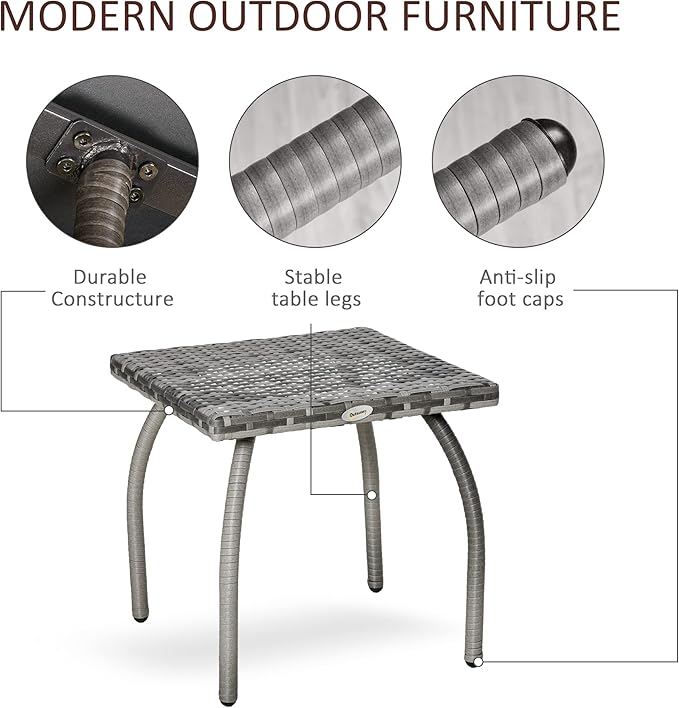 Outsunny Patio Wicker Side Table, PE Rattan Outdoor End Table with All-Weather Material, Small Square Coffee Table for Garden, Balcony, or Backyard, 17.75"x17.75", Gray