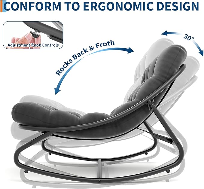 PeakPursuit Indoor Outdoor Papasan Rocking Chair with Cushion, Oversized Outdoor Rocking Chair, All Weather Rocking Papasan Chair for Bedroom/Living Room/Porch/Garden/Patio