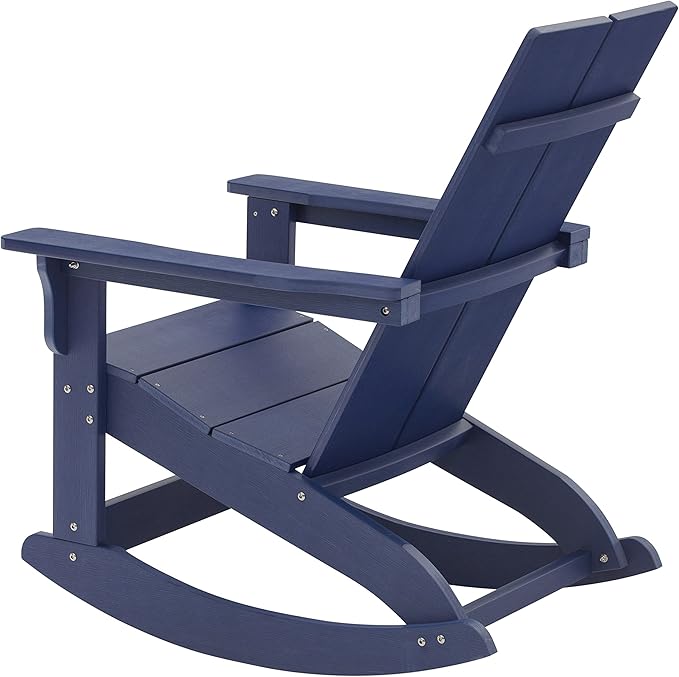 Flash Furniture Finn Modern Commercial Grade Poly Resin Wood Adirondack Rocking Chair - All Weather Navy Polystyrene - Dual Slat Back - Stainless Steel Hardware
