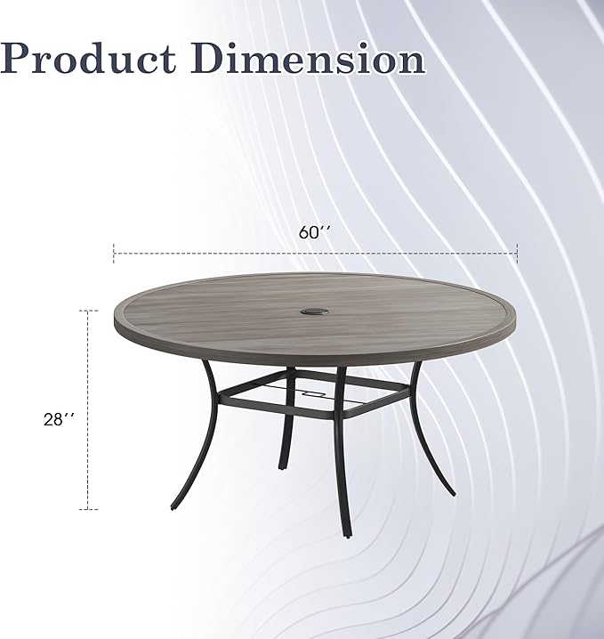 Outdoor Dining Table for 8, 60" Round Outdoor Table with Adjustable Umbrella Hole, All-Weather Metal Patio Dining Table for Lawn Garden Backyard Deck, Grey