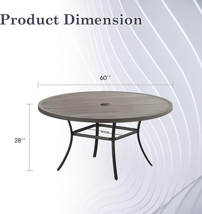 Outdoor Dining Table for 8, 60" Round Outdoor Table with Adjustable Umbrella Hole, All-Weather Metal Patio Dining Table for Lawn Garden Backyard Deck, Grey