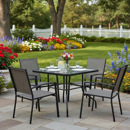 Tangkula 35" Glass Top Patio Dining Table for 4, Square Outdoor Table with Tempered Glass Tabletop, 1.65" Umbrella Hole & Metal Frame, 4-Person Outside Dining Table for Backyard, Lawn, Deck & Poolside
