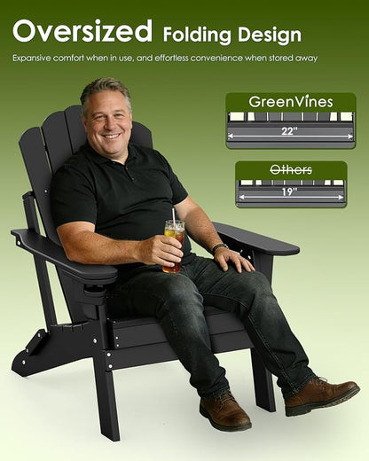 GREENVINES Oversized-Folding-Adirondack-Chairs-Set-of-2 | HDPE Plastic | Cup Holder | Fire Pit Chair | All Weather | for Outdoor Deck Backyard | Black