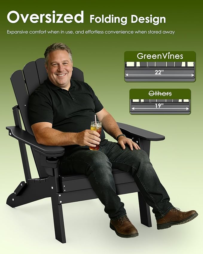 GREENVINES Oversized-Folding-Adirondack-Chairs-Set-of-4 | HDPE Plastic | Cup Holder | Fire Pit Chair | All Weather | for Outdoor Deck Backyard | Black