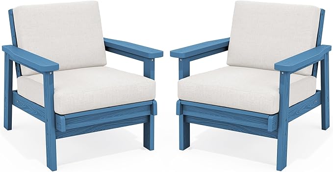 SERWALL HDPE Outdoor Couch Set of 2, Blue Frame and Khaki Cushion - Photo 1