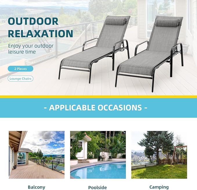EROMMY Patio Chaise Lounge, Set of 2 Outdoor Lounge Chair (Grey) - Photo 6
