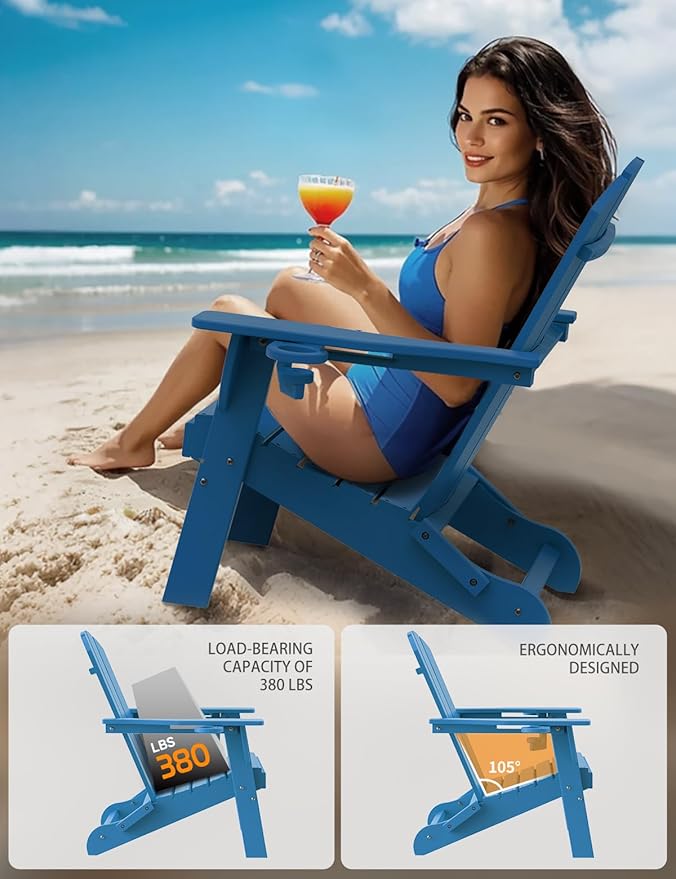 Folding Adirondack Chair Set of 2, Wooden Textured Plastic Adirondack Chairs with 2 Cup Holder, Weather Resistant HDPE Fire Pit Chair, Outdoor Patio Chairs for Garden, Backyard, Lawn, Deck, Blue