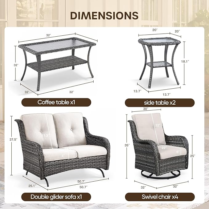 Patio Loveseat Glider Set, Resin Wicker Loveseat Glider with 2 Swivel Patio Chiars Coffee Table and Side Table, 5 Piece - Photo 2
