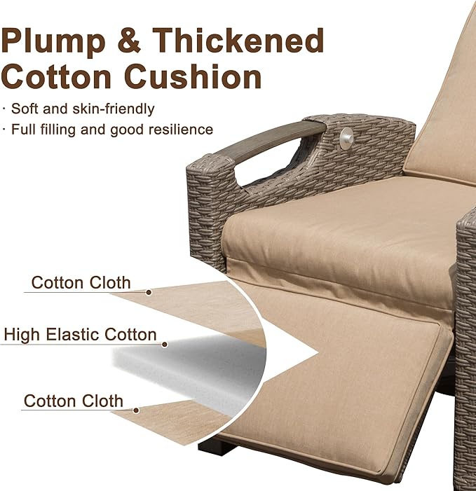 Domi Outdoor Recliner Chair, Patio Recliner with Hand-Woven Wicker, Flip Table Push Back, Adjustable Angle, Thickness Cushions, Reclining Lounge Chair for Indoor & Outdoor Use, Beige