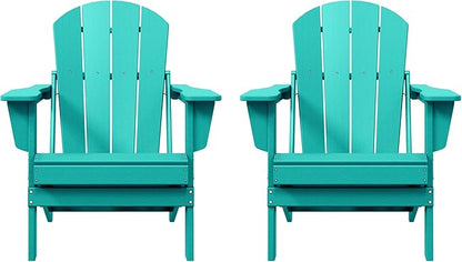 Costaelm Folding Patio Chairs Set of 2, Hdpe Adirondack Chairs Front Porch Furniture Outdoor Seating, All Weather Tanning Chair for Backyard Firepit Garden Lawn, Turquoise