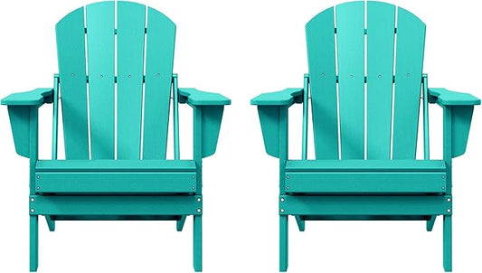 Costaelm Folding Patio Chairs Set of 2, Hdpe Adirondack Chairs Front Porch Furniture Outdoor Seating, All Weather Tanning Chair for Backyard Firepit Garden Lawn, Turquoise