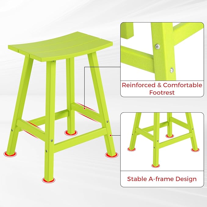 Costaelm All-Weather Bar Stools Set of 3, 24" Height Outdoor Bar Stools, Adirondack Poly Patio Bar Stool for Patio, Deck, Kitchen Counter and Garden, Lime