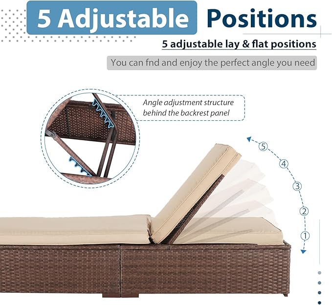 JOIVI Outdoor Chaise Lounge Chair Set of 2, 2 Pieces All-Weather PE Wicker Patio Chairs Pool Lounge Chairs for Outside, Brown Rattan Reclining Outdoor Chair with Adjustable Backrest & Beige Cushion