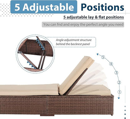 JOIVI Outdoor Chaise Lounge Chair Set of 2, 2 Pieces All-Weather PE Wicker Patio Chairs Pool Lounge Chairs for Outside, Brown Rattan Reclining Outdoor Chair with Adjustable Backrest & Beige Cushion
