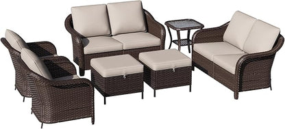 7 Piece Patio Wicker Conversation Set, 2 All-Weather Use Outdoor Wicker Loveseat with 2 PE Rattan Ottomans,2 Chair, 1 Side Table, Ideal for Porch, Backyard, Balcony, Poolside, Beige