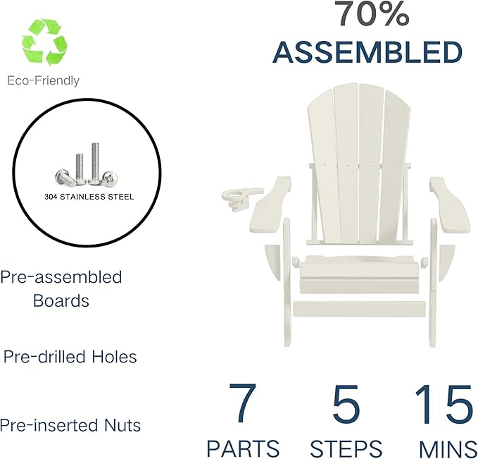 Foldable Adirondack Chair with Cup Holder-Heavy Duty Recycled HDPE Outdoor Patio Furniture, Weather Resistant Deck Lawn Fire Pit Chair (White, 4 Chair)
